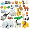 A collection of various zoo animal building blocks and figures in different colors and styles.