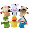 A set of soft plush animal hand puppets featuring various animals like a bear, horse, dog, and frog.