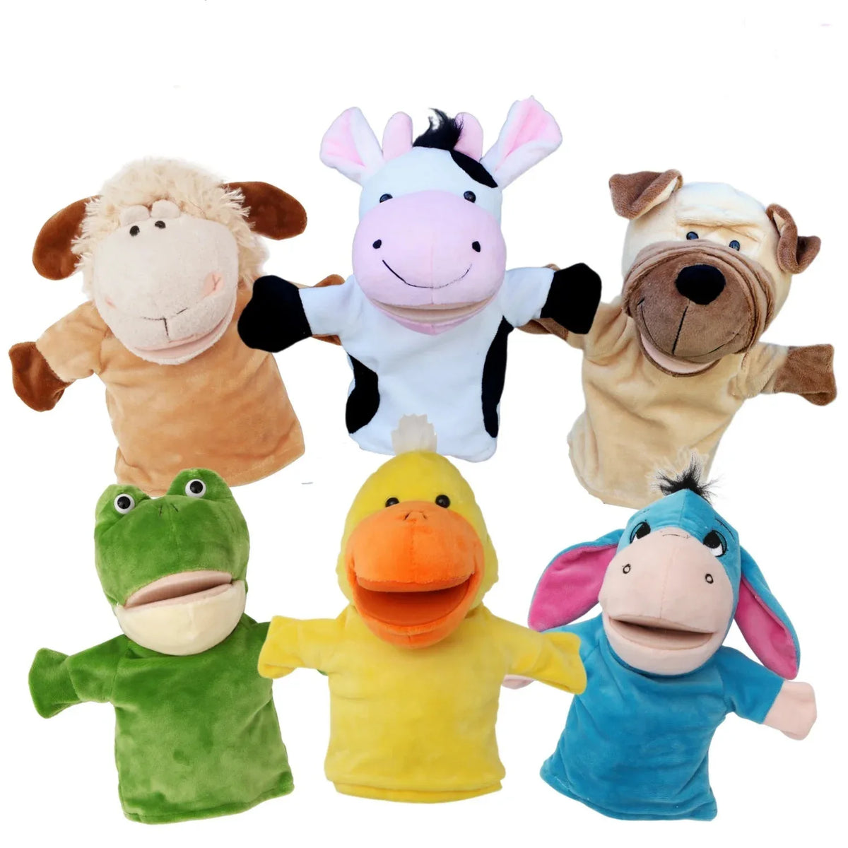 A set of soft plush animal hand puppets featuring various animals like a bear, horse, dog, and frog.