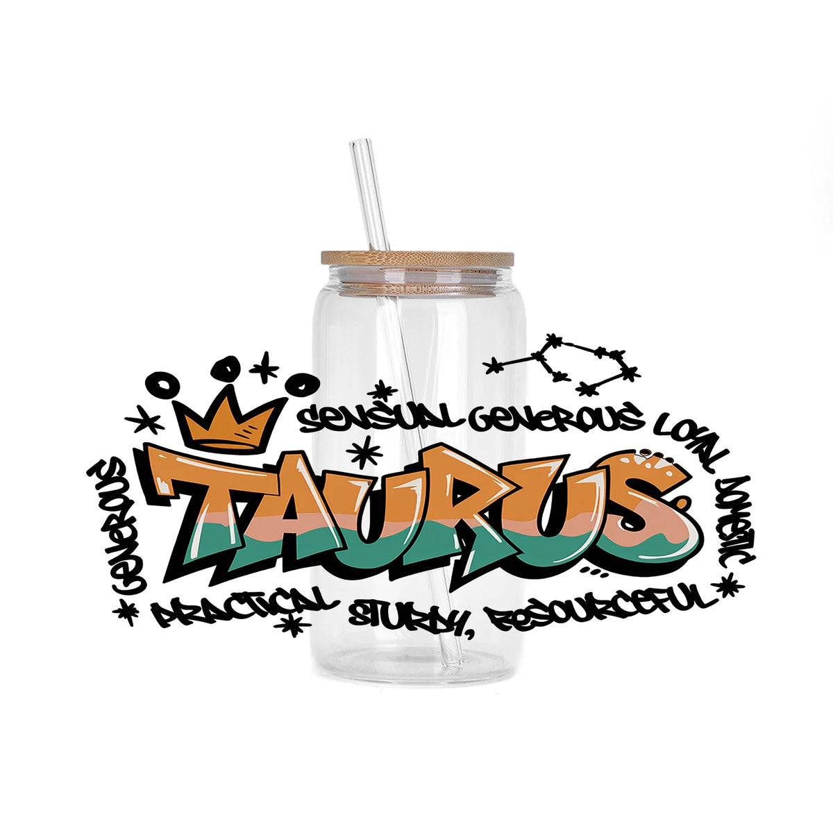 A clear glass bottle with a straw contains liquid and features stylized text of the Taurus zodiac sign.