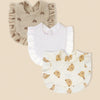 A set of three pure cotton muslin baby bibs featuring a beige striped pattern and cute animal designs.