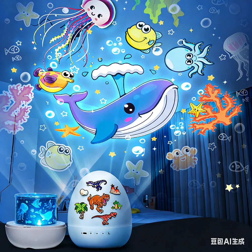 A dinosaur egg rotating star projection night light device is shown with various sea creatures and stars projected onto a blu
