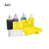 A collection of colorful plastic bottles and yellow silicone beads for a magic water animal beads kit