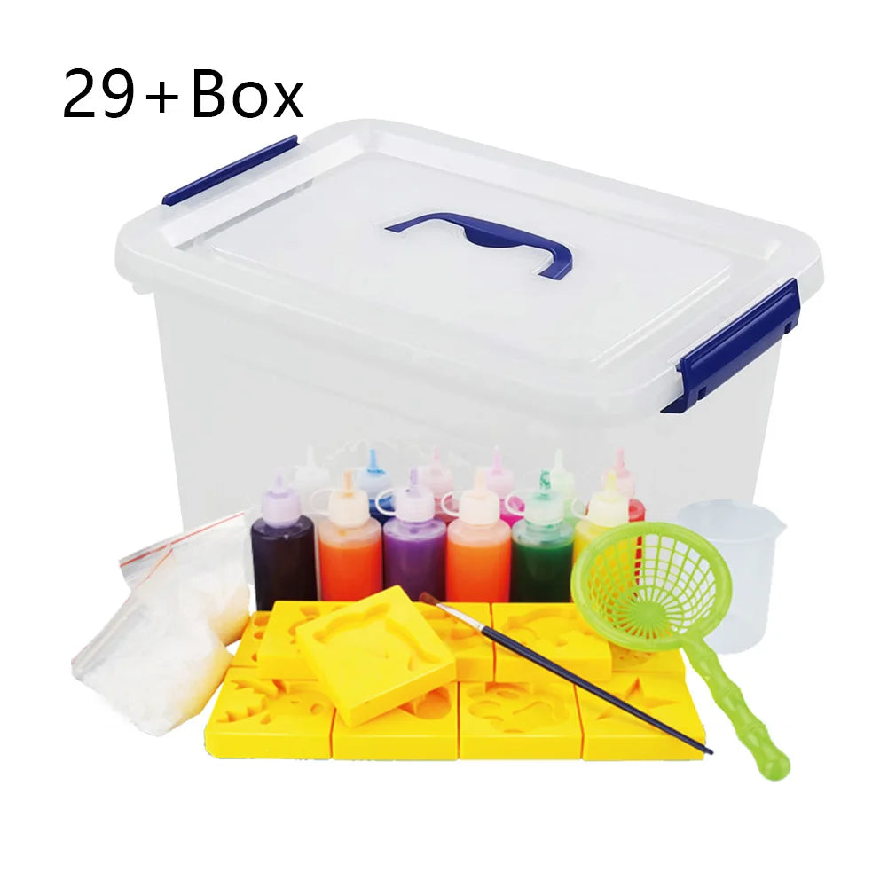 A white storage box containing 29+ bottles of colored water animal beads and a yellow tray with a stirring stick.