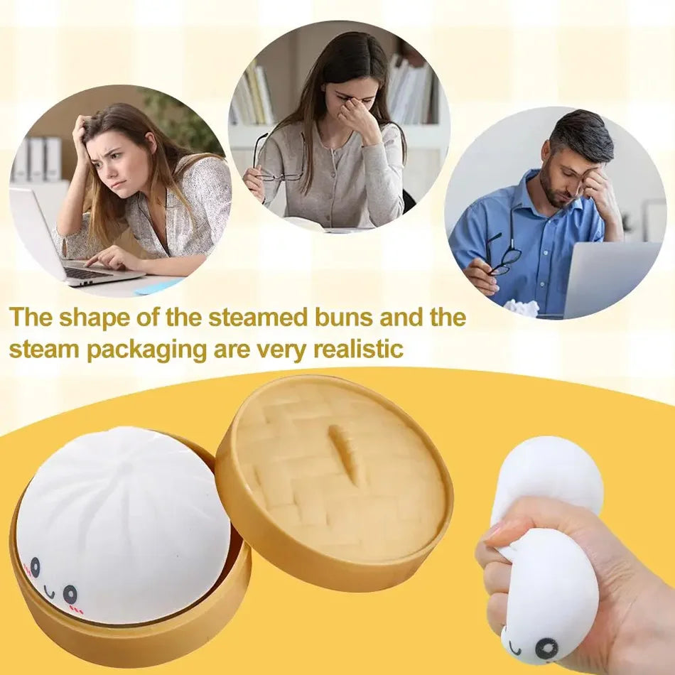 A set of white squishy toys shaped like steamed buns and packaging, including a round bun and a small egg-shaped toy.