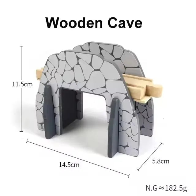 A wooden cave structure designed for creative railway play, featuring a curved track and various pieces.