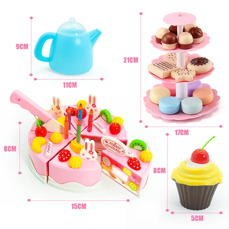 A pink and yellow DIY pretend play birthday cake tea set for kids with various food items and a blue teapot.