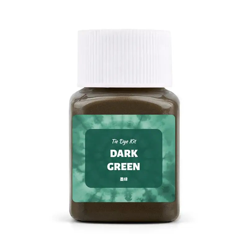 A dark green textile fabric dye kit in a glass bottle with a white cap.
