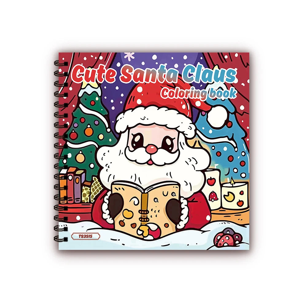 A colorful coloring book featuring Santa Claus and Christmas elements on a spiral-bound cover.