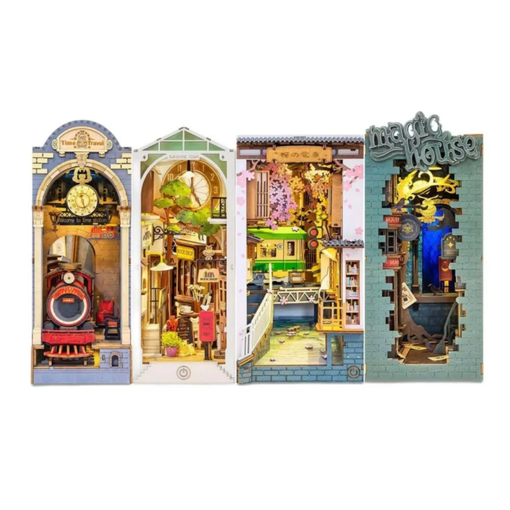 A collection of detailed miniature dollhouse kits featuring various architectural scenes and decorative elements.
