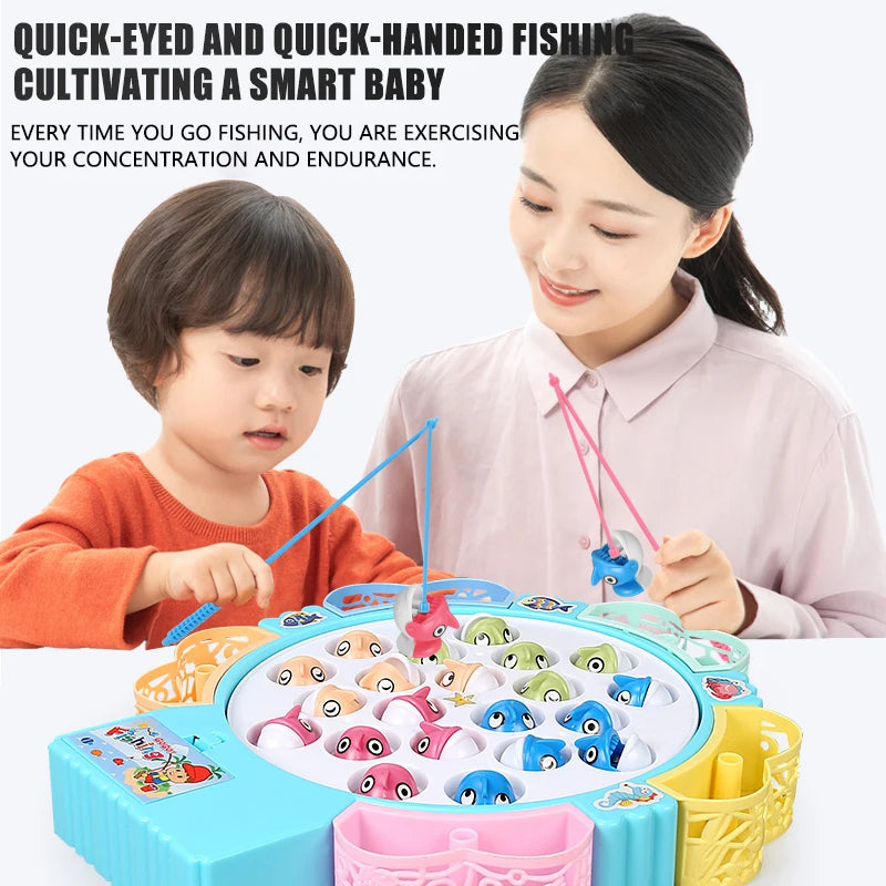 A mother and child are playing a magnetic rotating fishing game with colorful plastic fish on a blue plate.