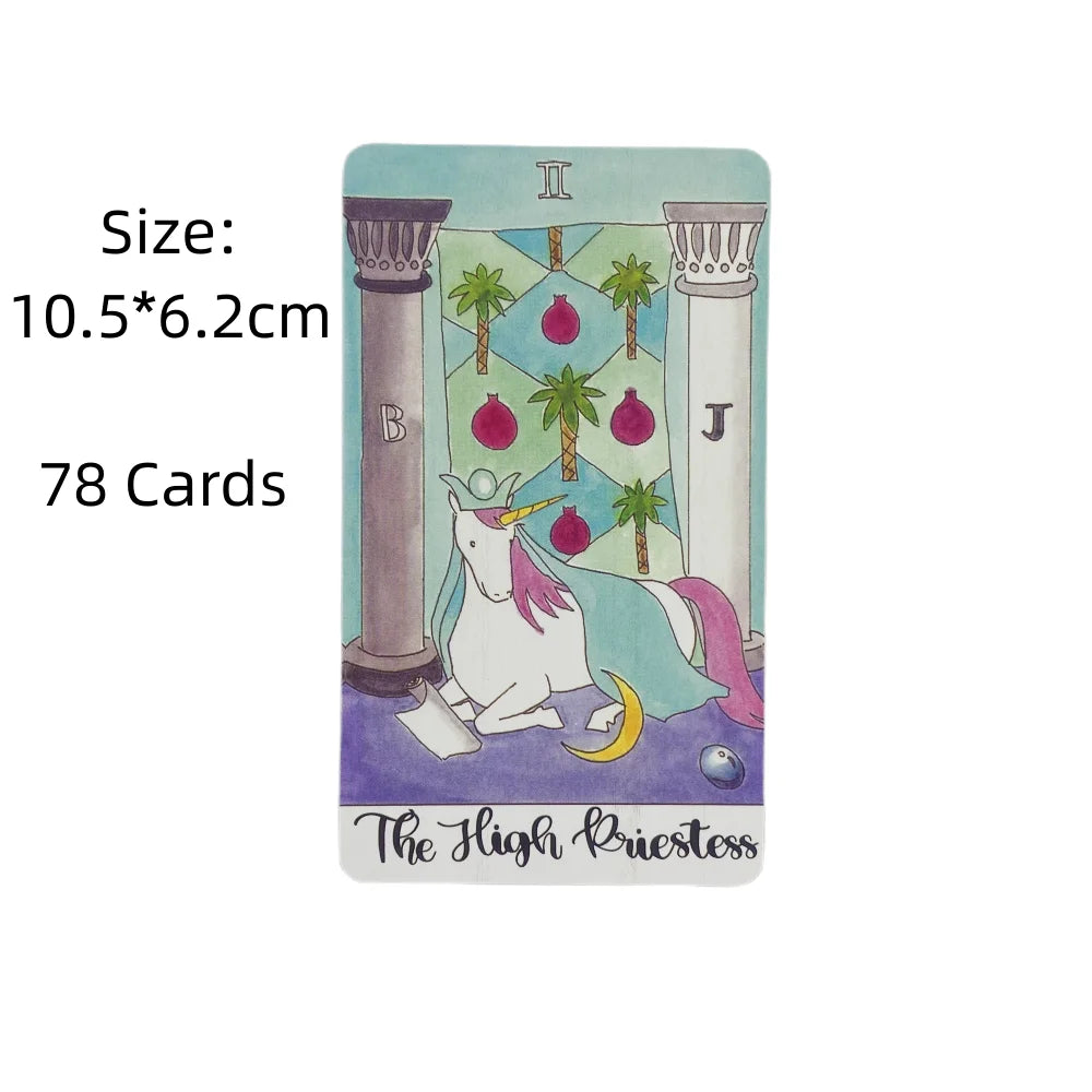 A tarot card featuring a unicorn illustration in a green and purple background with classical columns.