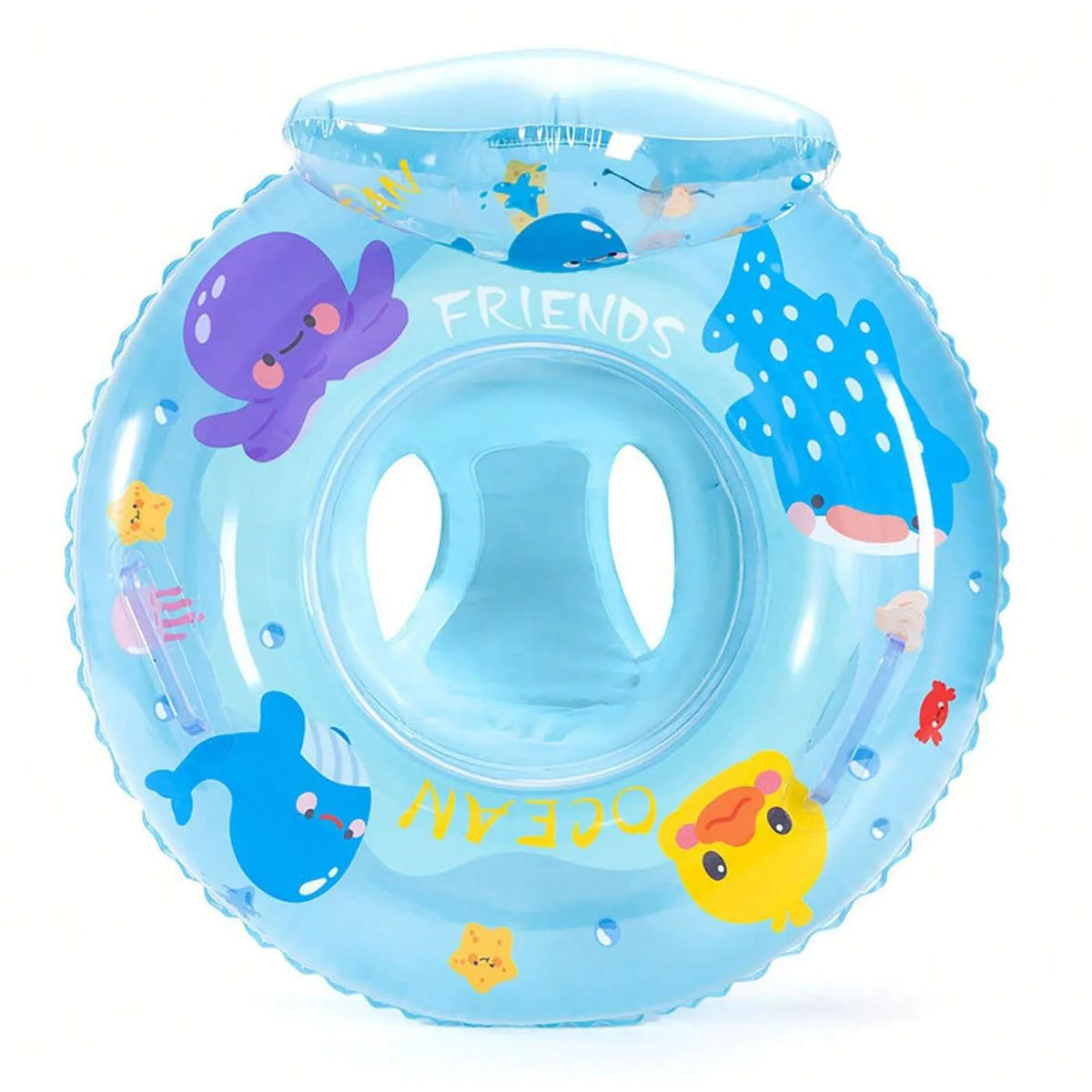 A light blue inflatable baby swim ring with a seat and various colorful decals for friends and ocean life.