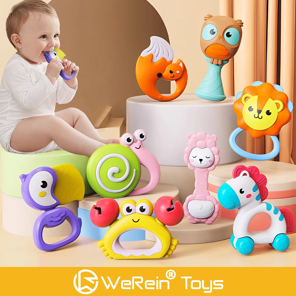 Animal Rattle Teether Toy for Babies 0-36 Months