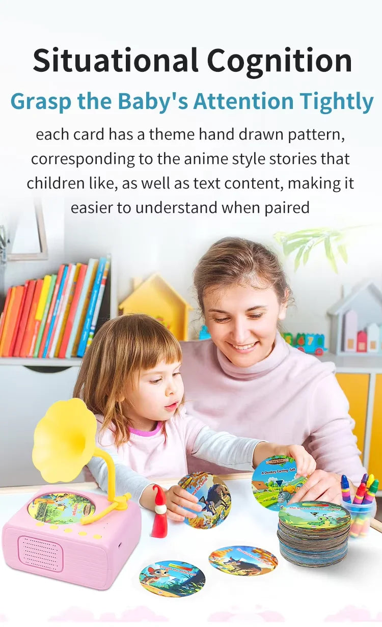 A girl is interacting with a pink story machine and learning cards for situational cognition.