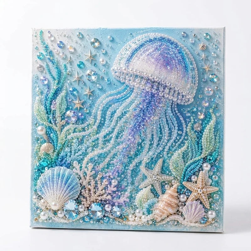 Diamond art kit featuring iridescent blue and purple ocean designs with starfish and sea creatures