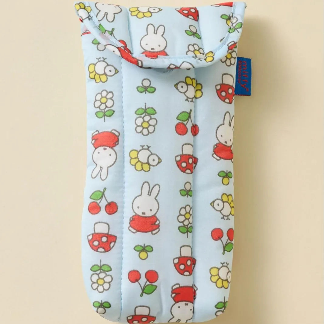 A light blue soft cotton storage bag for magnetic glasses case featuring cute Miffy characters and fruit designs.
