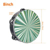 An 8-inch double row radiant tambourine with a green and silver striped surface.