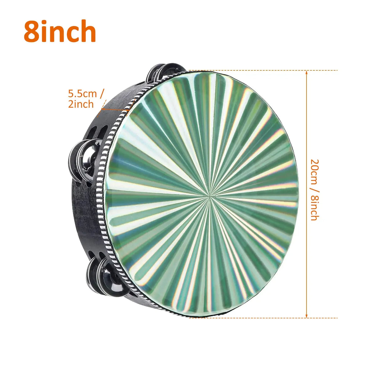 An 8-inch double row radiant tambourine with a green and silver striped surface.