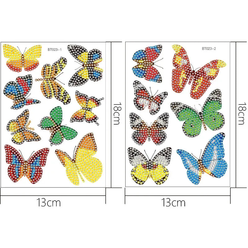 A set of diamond painting stickers featuring various colorful floral and butterfly designs.