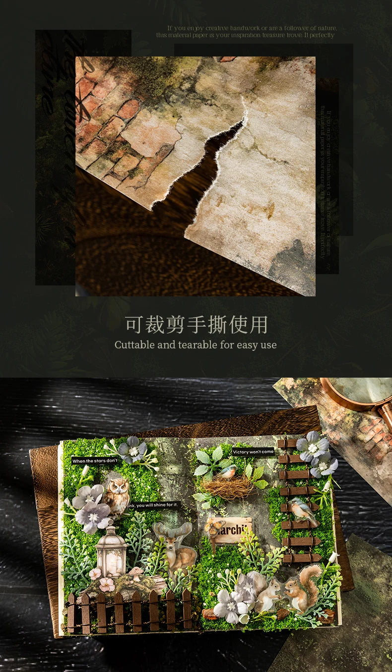 A handmade scrapbook featuring pressed flowers, moss, and natural elements on vintage paper.