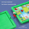 A green card storage compartment with various animal-themed puzzles and a removable top cover.