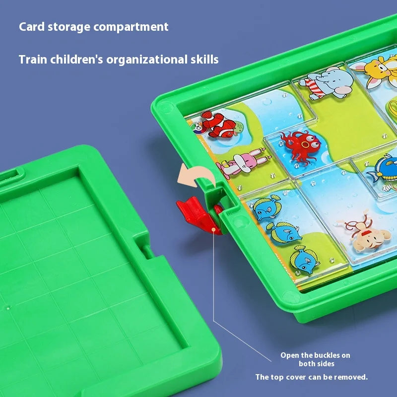 A green card storage compartment with various animal-themed puzzles and a removable top cover.