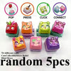 A collection of five colorful LED mechanical switch fidget keychains shown with various functions like pop, press, click, and