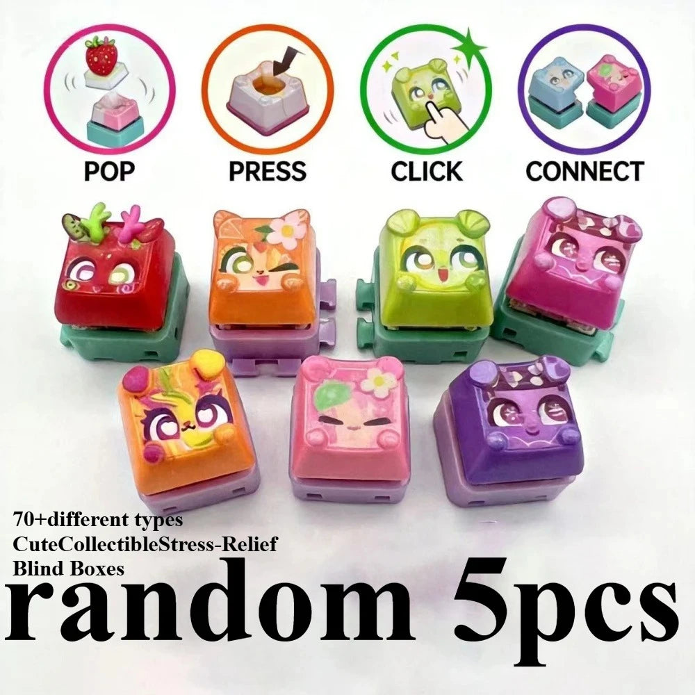 A collection of five colorful LED mechanical switch fidget keychains shown with various functions like pop, press, click, and