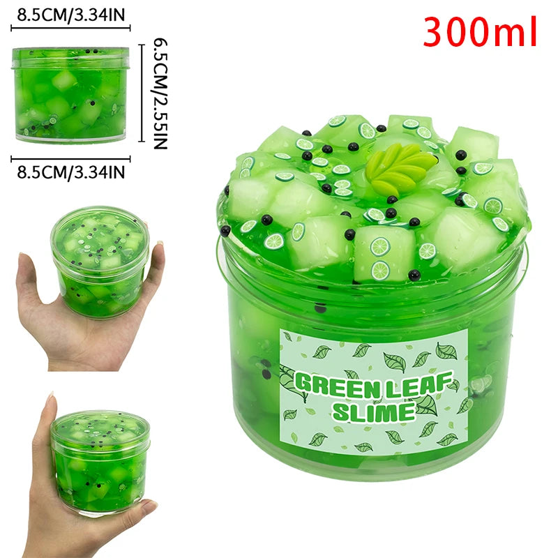 A 300ml jar of green leaf slime featuring translucent jelly pieces and decorative elements.