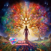 A vibrant diamond painting featuring a glowing tree with colorful leaves and a silhouetted figure against a cosmic background