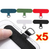 Five colored detachable phone lanyard straps including blue, green, red, and black on a clear holder.