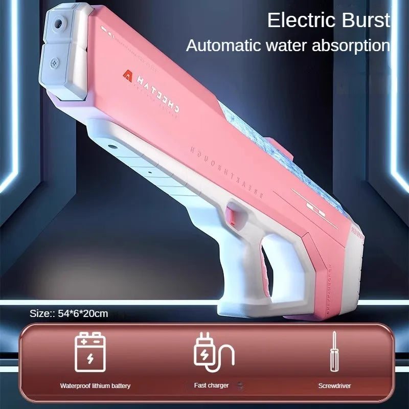 Pink electric burst water gun with automatic water absorption feature shown against a dark background.
