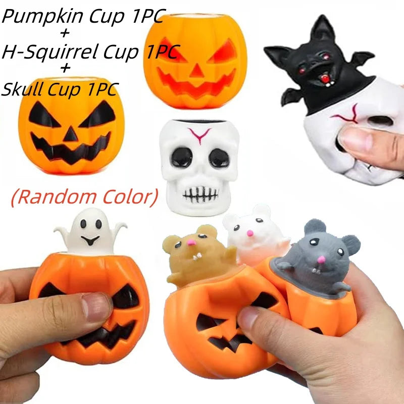 A collection of Halloween squeeze stress balls including pumpkin and skull shapes.
