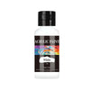 A bottle of white acrylic paint with a black cap and label.