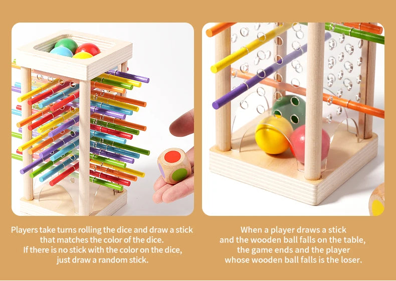 A wooden counting game featuring dice and sticks for early math learning, showing how players draw matching colors to end the