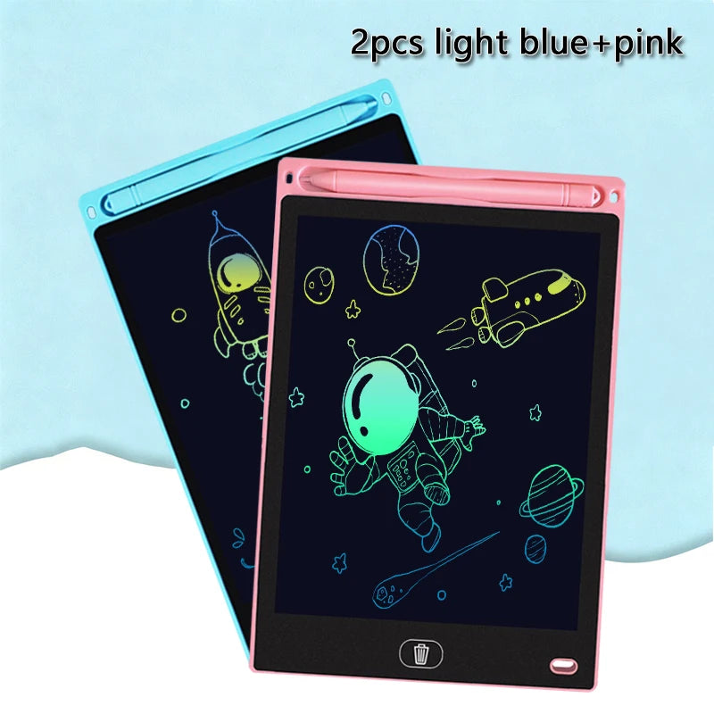 Two light blue and pink drawing tablets are shown against a light blue background.