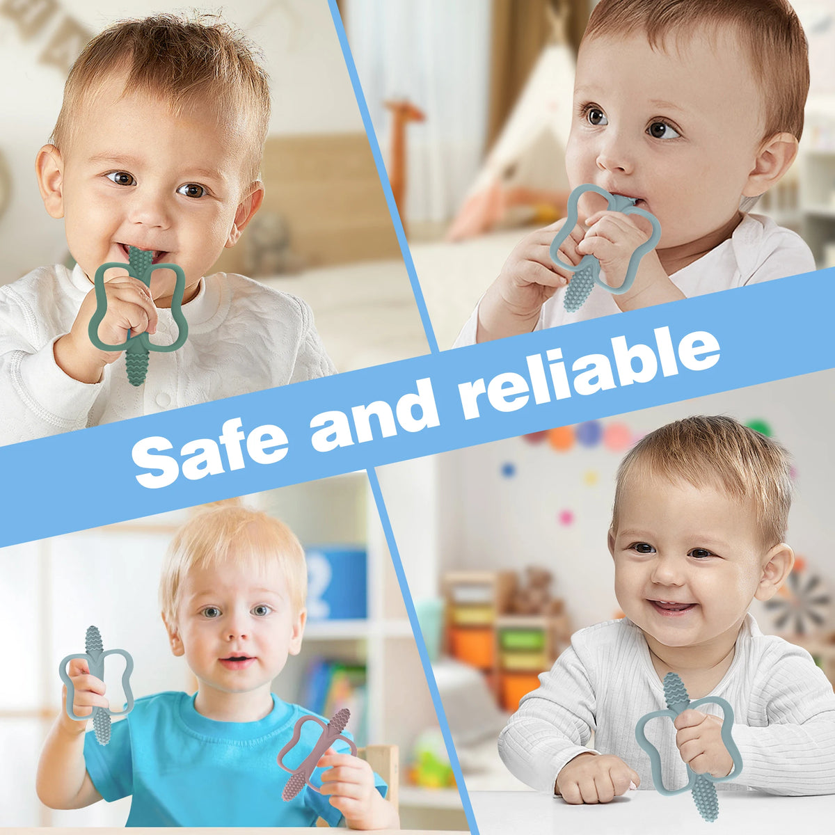 A collage showing babies using a BPA-free silicone teether with an easy-grip handle for teething relief.