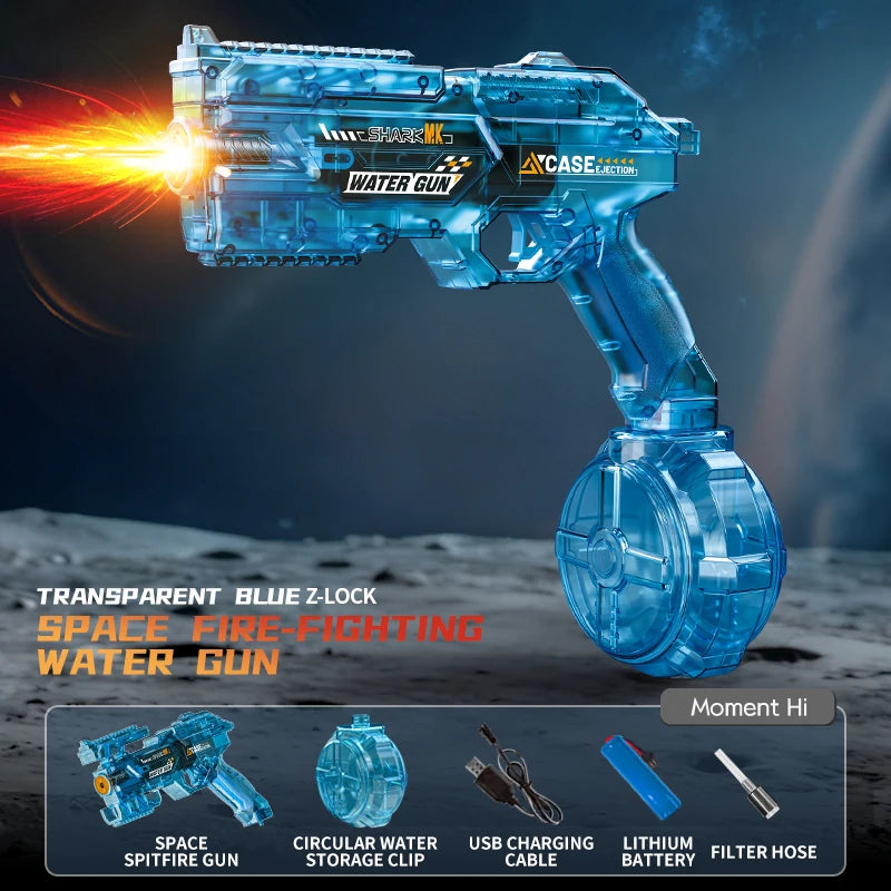 Transparent blue Z-lock space fire-fighting water gun with a firing stream against a dark background.