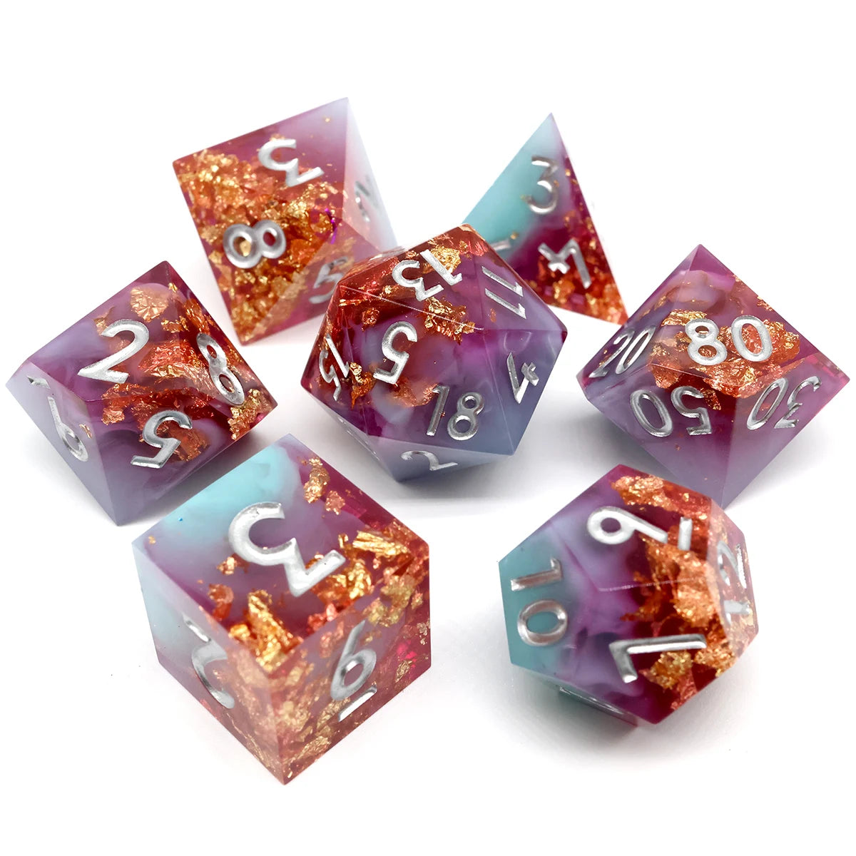 Handmade Resin D&D Dice Set – 7 Polyhedral Dice with Floral Design