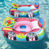 A colorful inflatable car-shaped baby pool float with a safety seat and yellow handles floating in clear water.