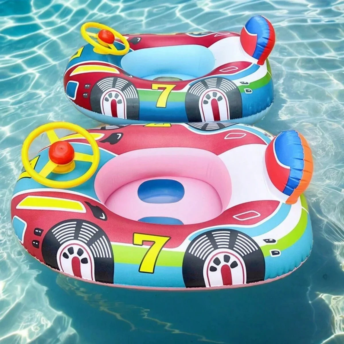 A colorful inflatable car-shaped baby pool float with a safety seat and yellow handles floating in clear water.