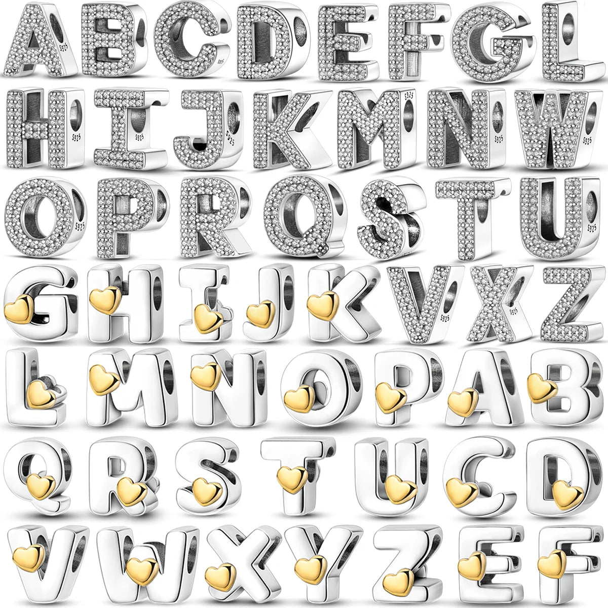 A set of personalized sterling silver alphabet charm beads featuring cubic zirconia stones.