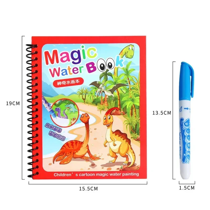 A red spiral notebook titled Magic Water Book featuring colorful cartoon animals and painting pages.