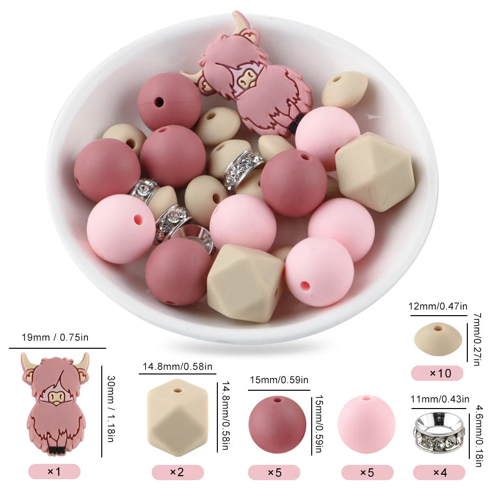 A bowl filled with pink and beige silicone beads shaped like cartoon animals for DIY jewelry making