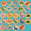 A collection of wooden memory matching game cards featuring various dinosaurs and a traffic theme.
