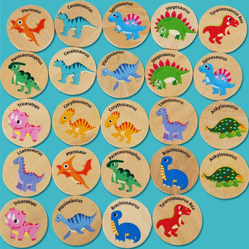 A collection of wooden memory matching game cards featuring various dinosaurs and a traffic theme.