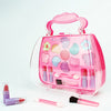A pink plastic cosmetic case filled with various makeup items like lipsticks and brushes for kids pretend play.
