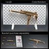 A 1:6 scale military submachine gun model kit is displayed on a white pegboard, showing the firearm and separate bracket part