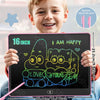 A smiling young boy holds a pink LCD drawing tablet displaying a glowing outline of two happy cartoon characters.